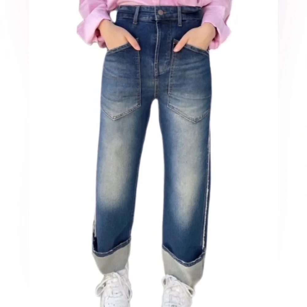 MAC Jeans Baggy Straight Size 12 / 42 Dark Wash Fringe - Picture 2 of 10